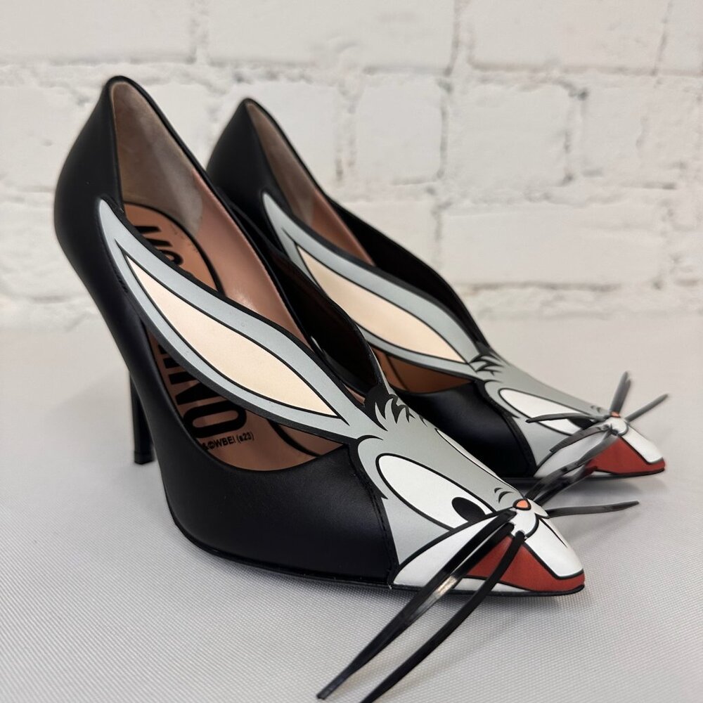 SS23 Moschino Couture Jeremy Scott Bugs Bunny Black Leather High Heels Pumps